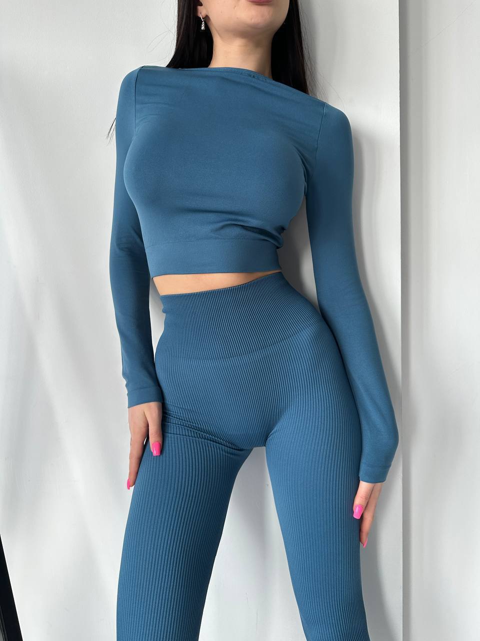 Seamless Cropped Long Sleeve Top in Blue