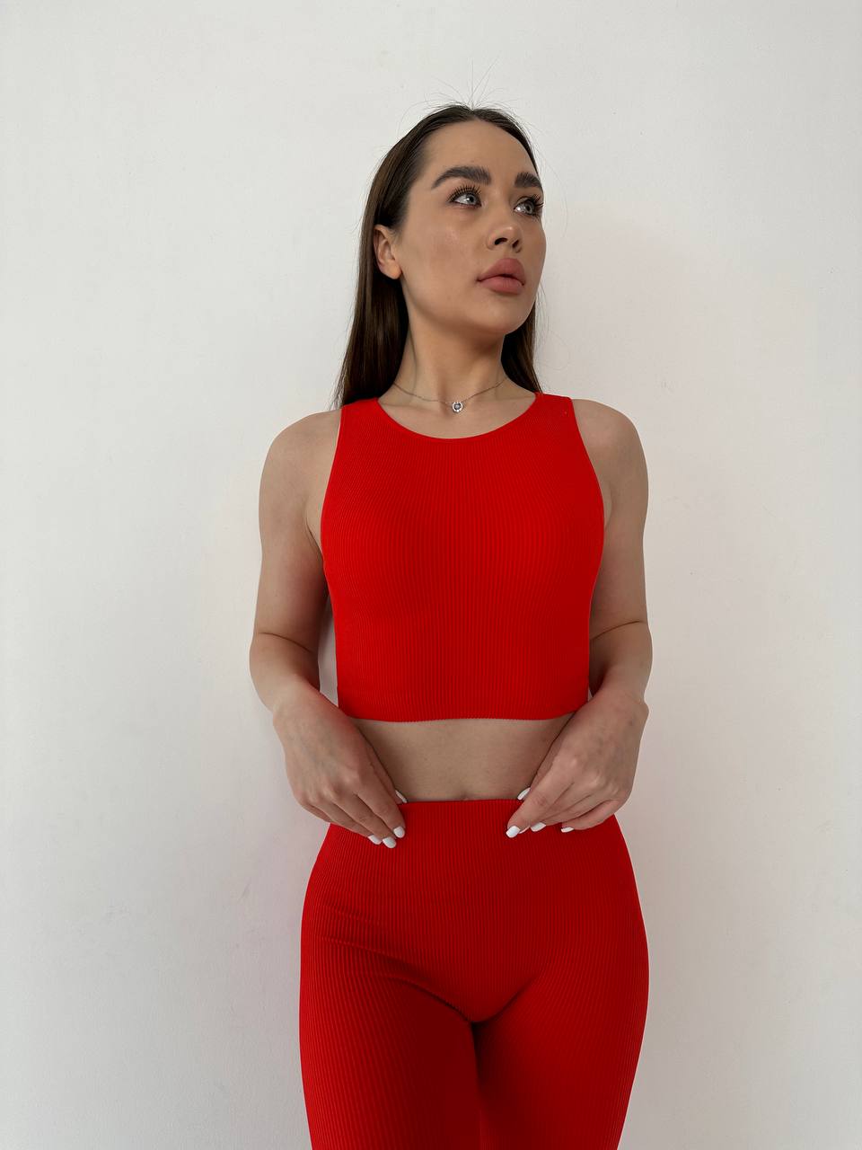 Seamless Ribbed Halter Crop Top in Red