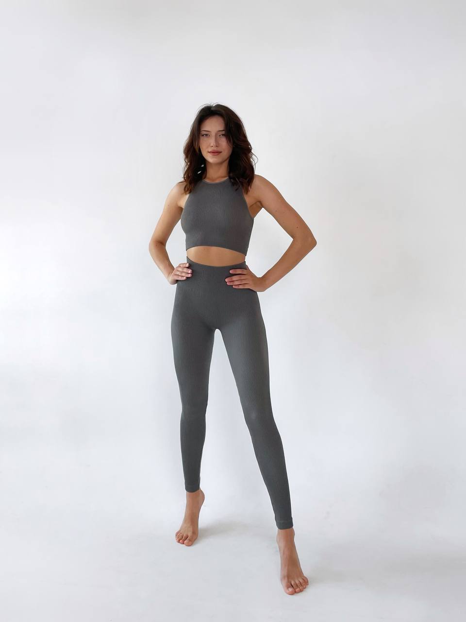 Seamless Ribbed Halter Crop Top in Dark Gray