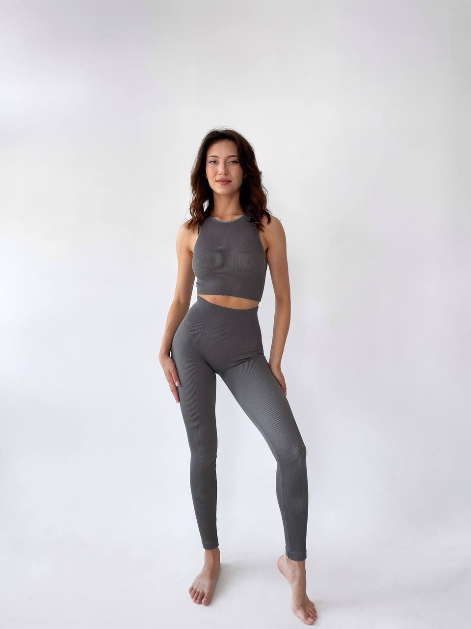 Seamless Ribbed Halter Crop Top in Dark Gray