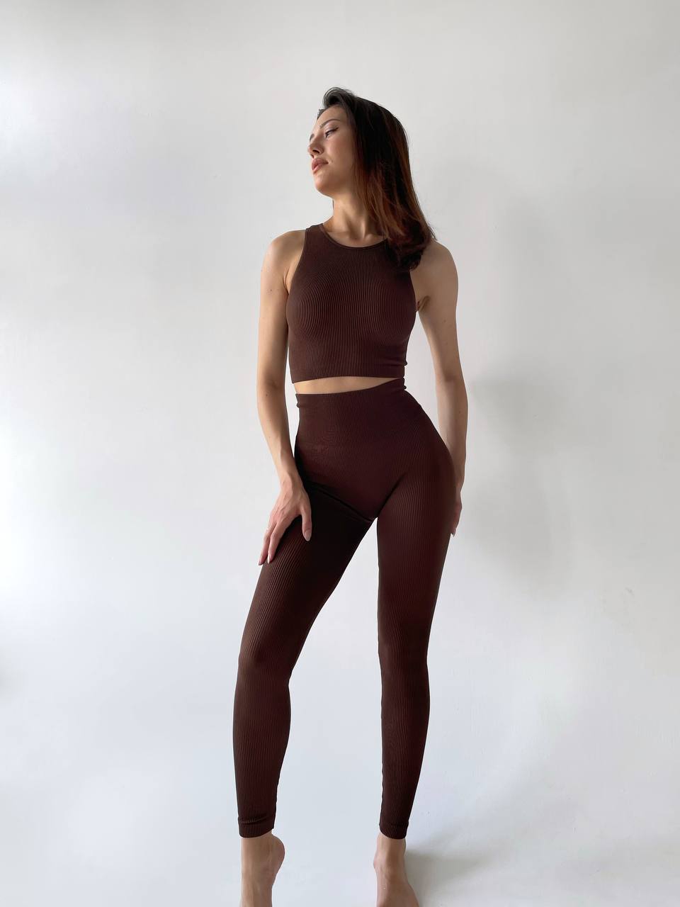 Seamless Ribbed Halter Crop Top in Chocolate