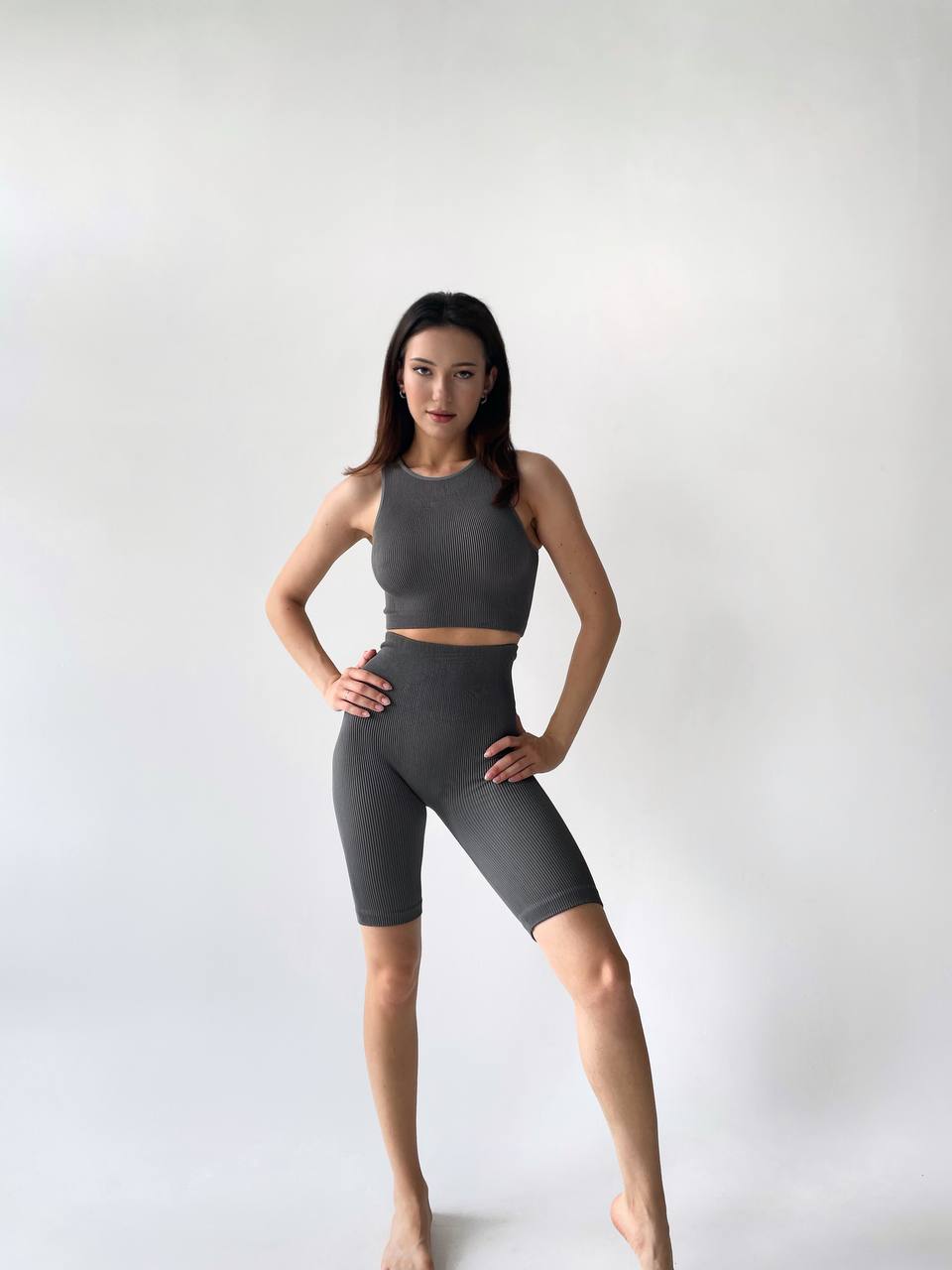 Seamless Ribbed Halter Crop Top in Dark Gray