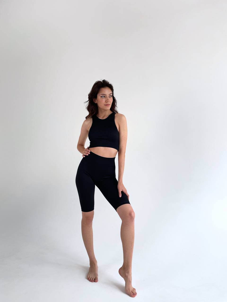 Seamless Ribbed Halter Crop Top in Black