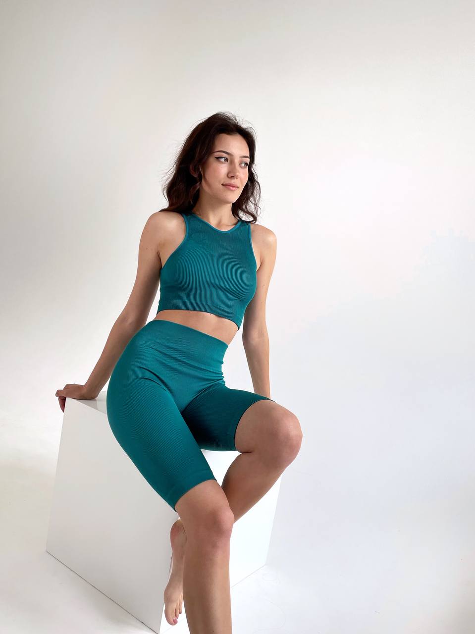 Seamless Ribbed Halter Crop Top in Emerald