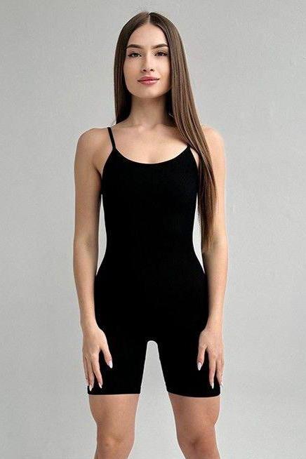 Seamless Ribbed Spaghetti Strap Unitard Jumpsuit in Black