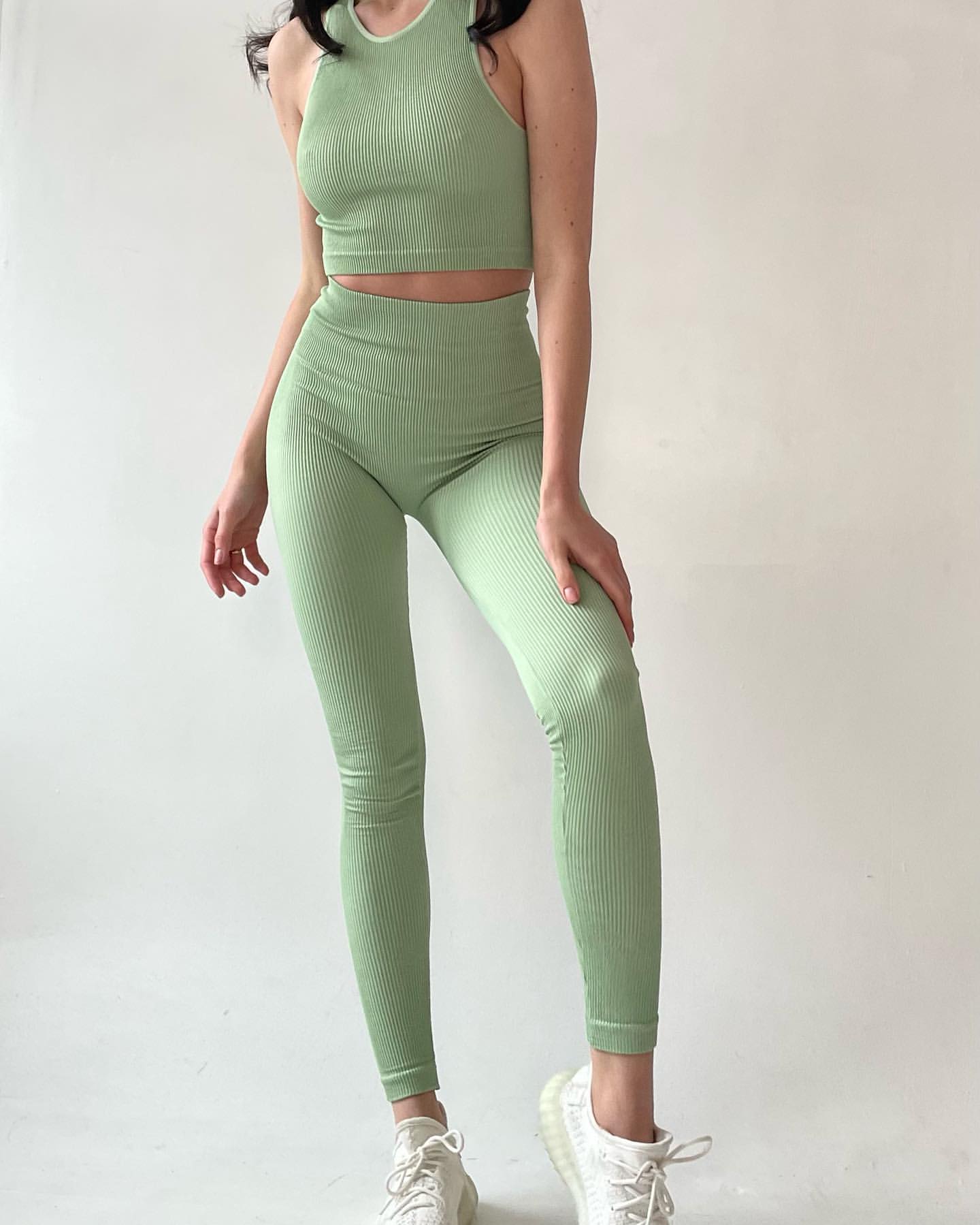 Seamless Ribbed Halter Crop Top in Pistachio