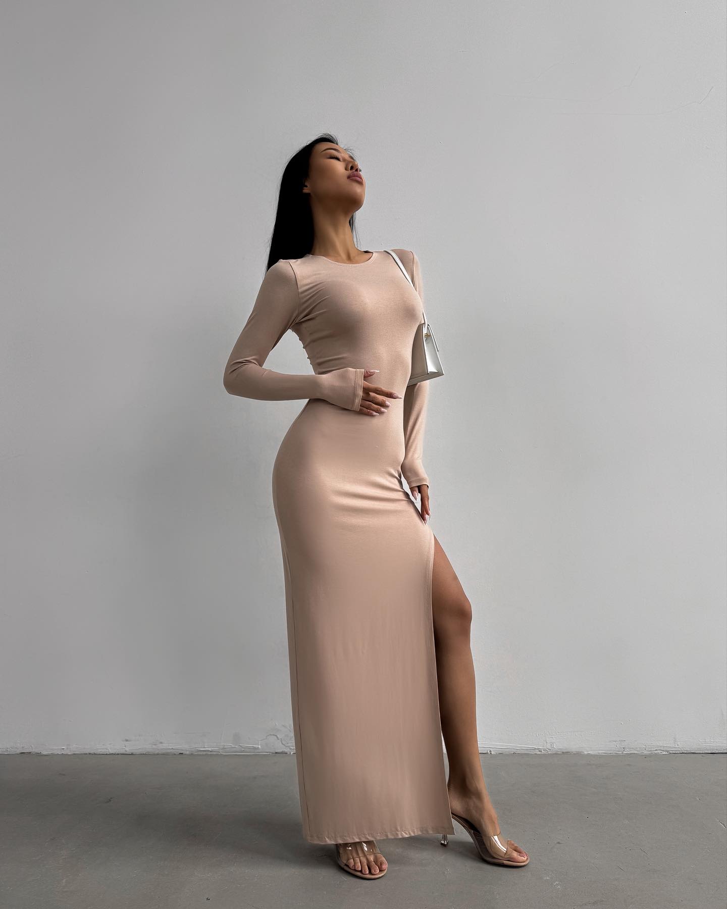 Long Sleeve Thigh Split Bodycon Midi Dress in Beige