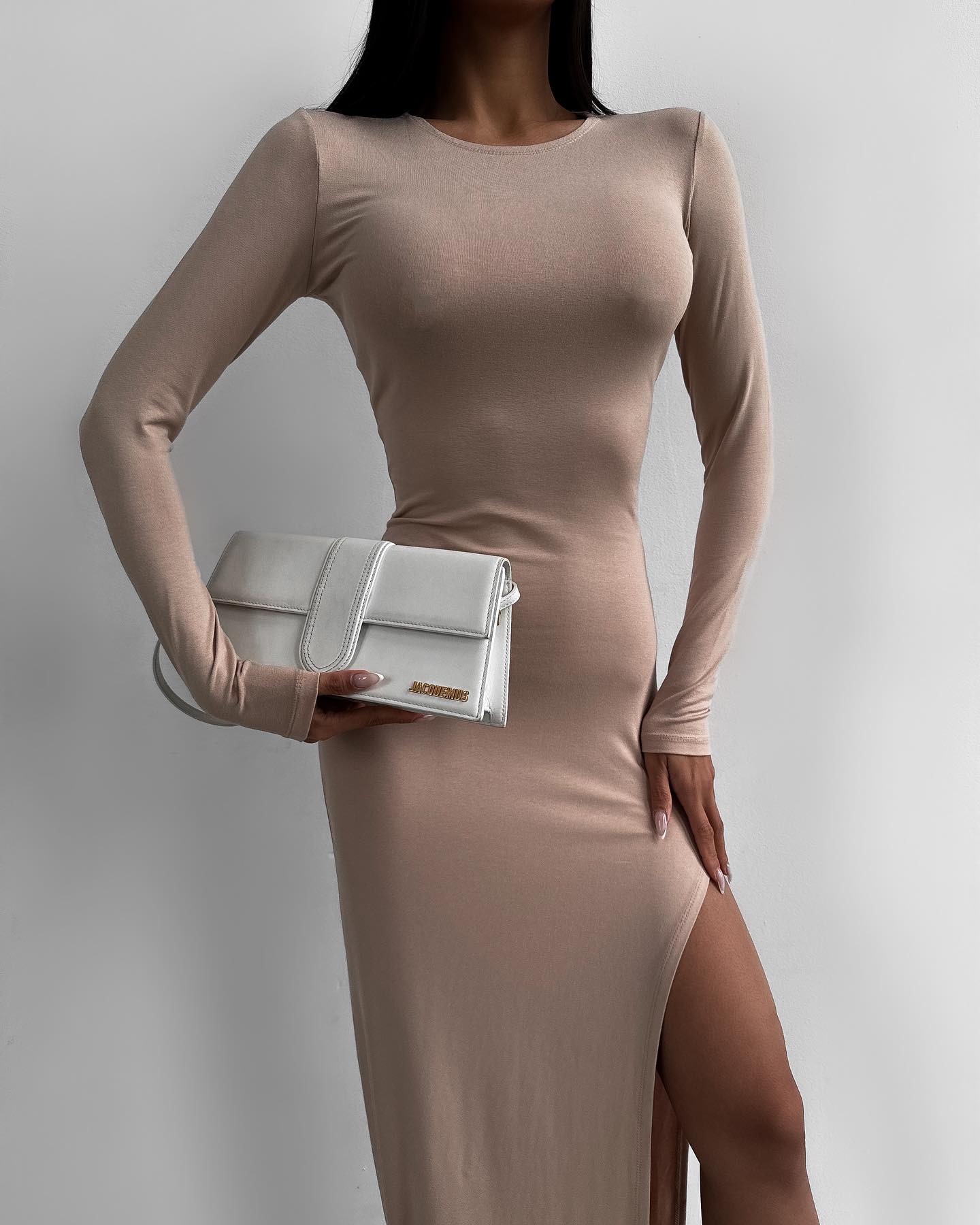 Long Sleeve Thigh Split Bodycon Midi Dress in Beige