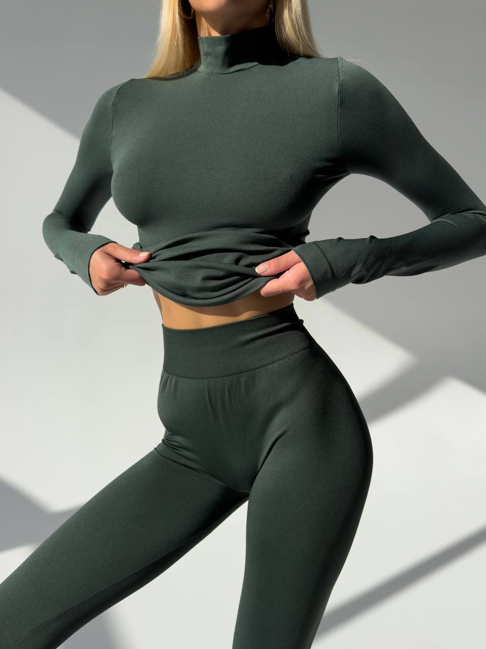 Seamless Turtleneck Long Sleeve Top in Khaki