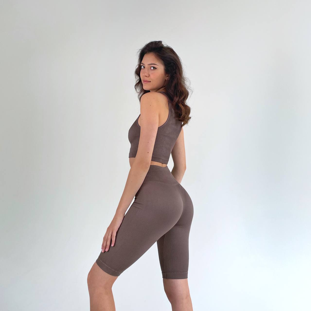 Ribbed Activewear Set: Top & Shorts in Brown